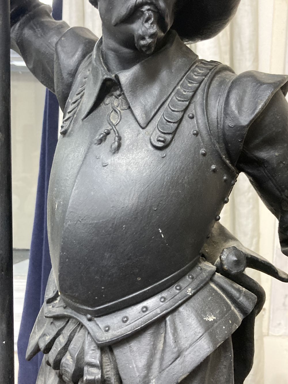 A large spelter cavalier lamp base, 100cm